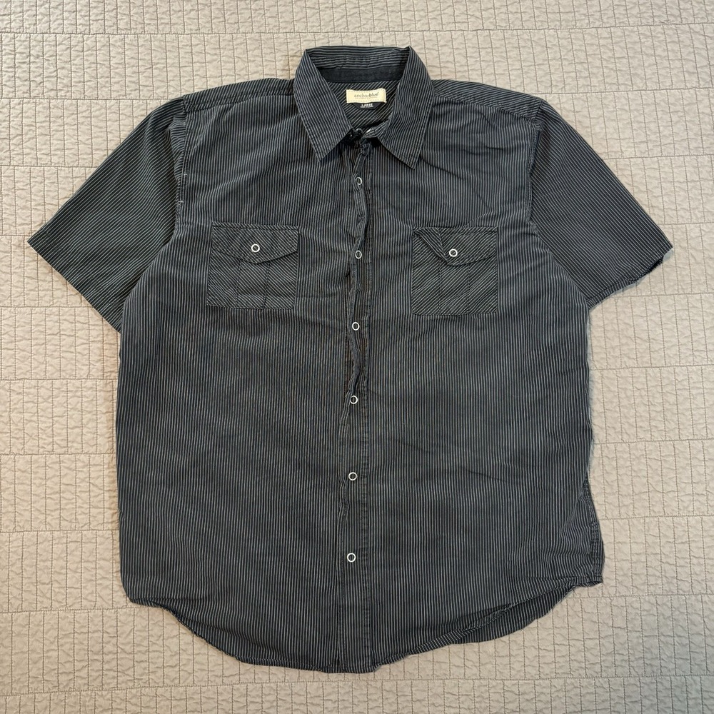 Vtg Y2K Anchor Blue Shirt Men's Large Black Striped Skate Surf Button‎ Up Grunge